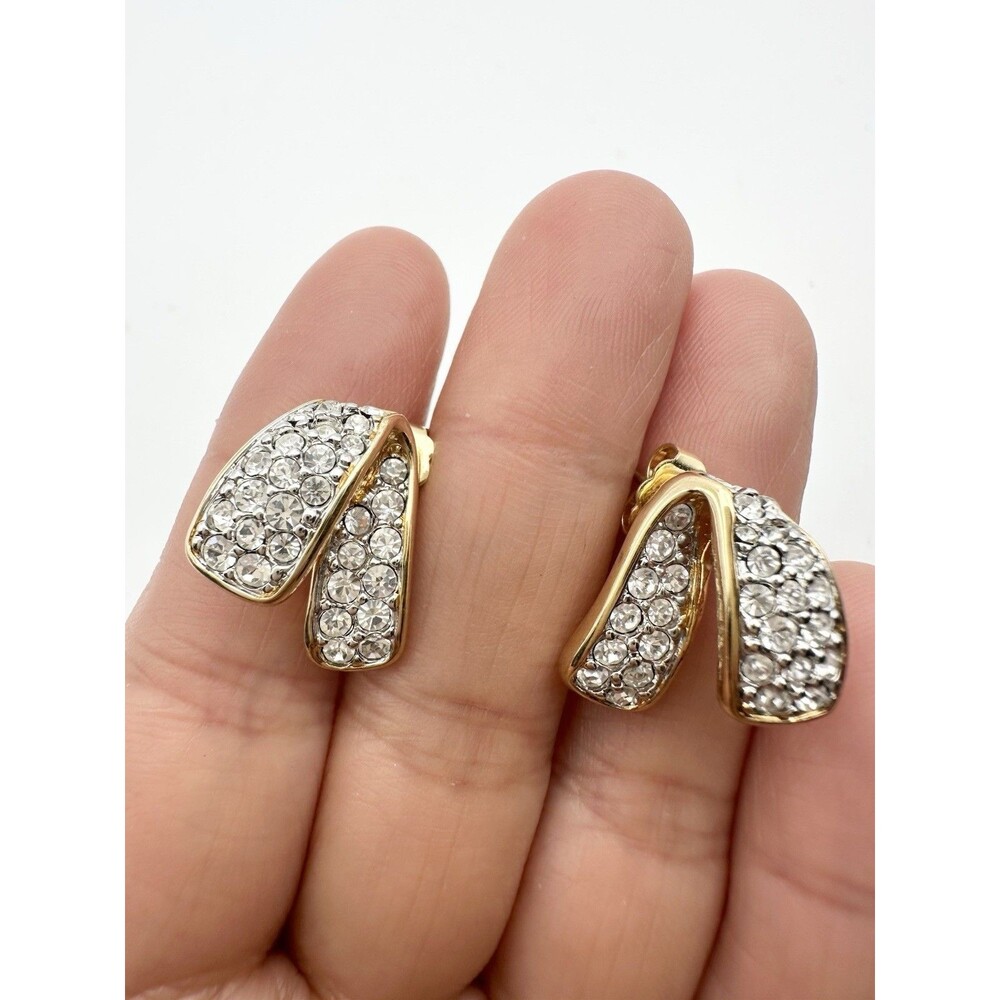 Swarovski S.A.L. Gold Tone Folded Curved Design Rhinestone Pierced Earrings